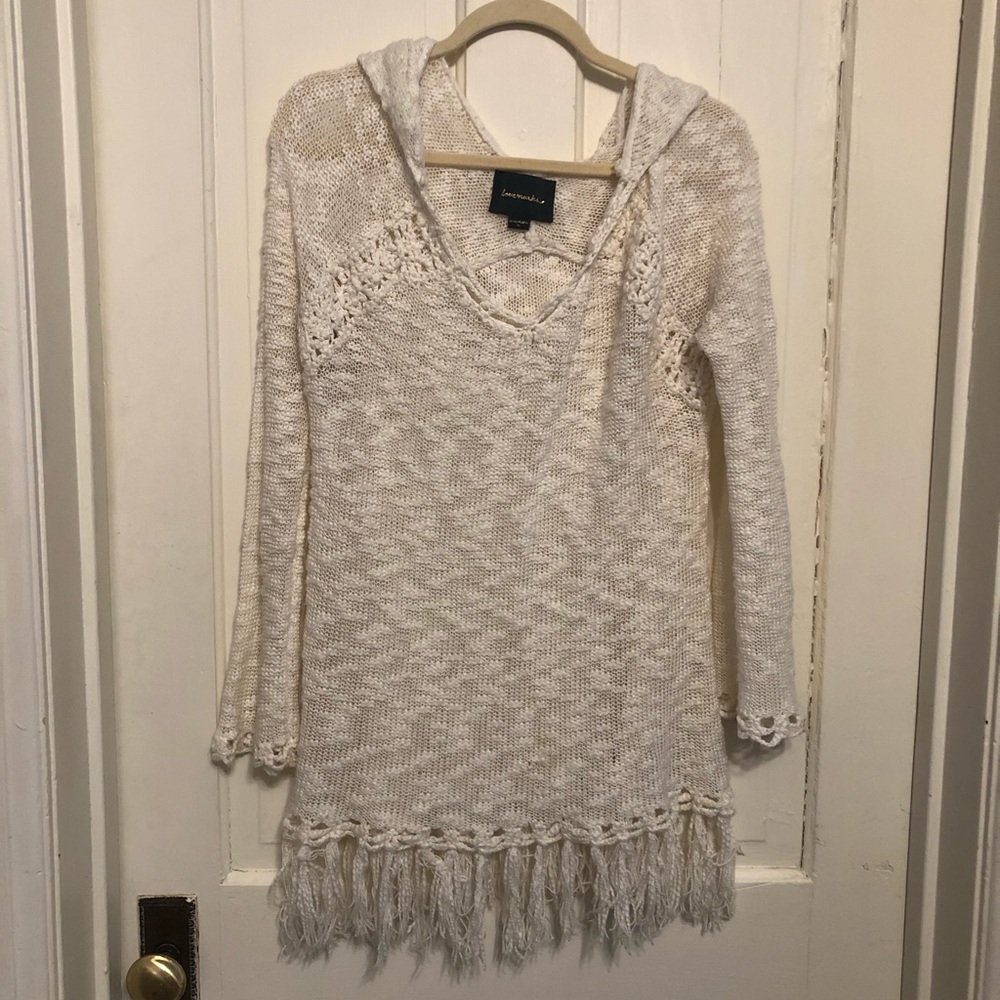 Off white knit hoodie with fringe bottom